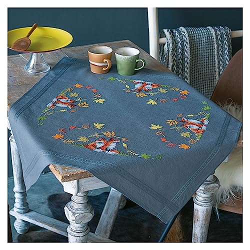 Vervaco Kreuzstich Stickpackungen Tischdecke Füchse im Herbst Stickdecken Vorgezeichnet Basteln Erwachsene Kreativ Set Vorgedruckte Decke Sticken 80 x 80 cm Stickset DIY Sticken Set von Vervaco