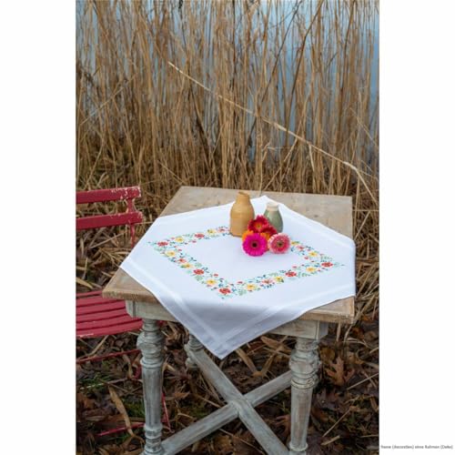 Vervaco Kreuzstich Stickpackungen Tischdecke frische Blumen Stickdecken Vorgezeichnet Basteln Erwachsene Kreativ Set Vorgedruckte Decke Sticken 80 x 80 cm Stickset DIY Sticken Set von Vervaco