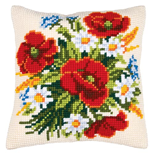 Vervaco Kreuzstich Stickpackungen Kissen Front zum Selbersticken mit Stickbild auf 100% Baumwoll Stoff und Stickgarn, Stickvorlagen 40 x 40 cm mit Anleitung, Blumen von Vervaco