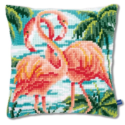 Vervaco Kreuzstich Stickpackungen Kissen Stickerei Set Anfänger Vorgedruckt 2 rosa Flamingos DIY Set Kreativ Set Für Erwachsene Dekoratives Kissen ca. 40 x 40 cm Bastelset Handwerker Haus Dekoration von Vervaco
