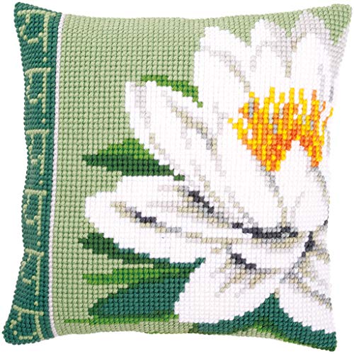 Vervaco Kreuzstichkissen weiße Lotus Blume Kreuzstickpackung vorgedruckt, Stramin, 40 x 40 x 0,3 cm von Vervaco