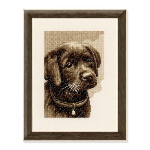 VERVACO Gezählter Kreuzstich Stickpackungen DIY Stickbilder Labrador Welpe Wanddekoration Handarbeit Set für Erwachsene Kreatives Handwerk ca. 24 x 31 cm Kreuzstichbilder Set Hausdeko von Vervaco