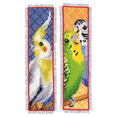 Vervaco Lesezeichen Kreuzstich Stickpackungen Gezählter Kreuzstich Set Sittiche 2er DIY Set Erwachsene Sticken Lesen Zubehör Geschenk Zählmusterpackung ca. 6 x 20 cm Stickset für Anfänger von Vervaco