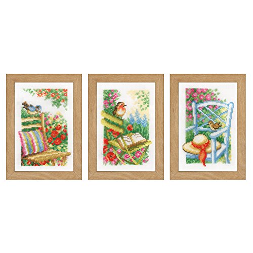 Vervaco Miniaturen Garten und Vogel Aida 3er Set Kreuzstichpackung, Weiß, 8 x 12 x 0,3 cm von Vervaco