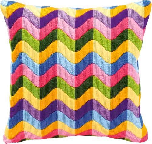 VERVACO Stickpackung Kissen Langstich Set FARBIGE Wellen Stickerei Set Anfänger Basteln Erwachsene Kreativ Set ca. 40 x 40 cm Bastelset Handwerker Handarbeit Zubehör Geschenkset von Vervaco