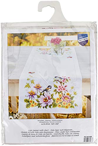 VERVACO Stickpackung Tischläufer Zählmusterpackung Kreuzstich Frühlingsstimmung Stickläufer zum Selbersticken Bastelset Handwerker Kreativ Set für Erwachsene 32 x 84 cm Kreatives Geschenk von Vervaco