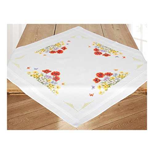 VERVACO Frühling Blumen Stickdecken Basteln Erwachsene Kreativ Decke 80 x 80 cm Stickset DIY Sticken Set Stickpackung/Tischdecke im vorgedruckten/vorgezeichneten Kreuzstich, Baumwolle, Multicolor von Vervaco