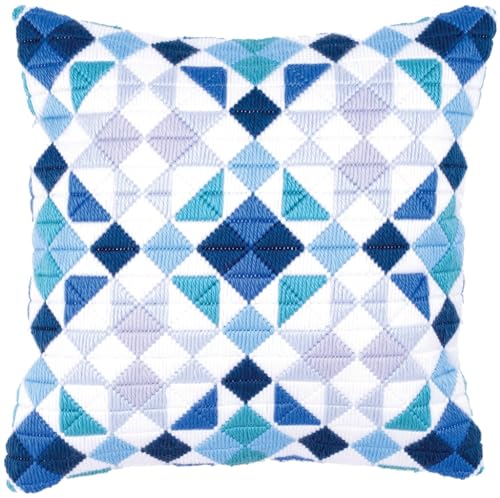 VERVACO Stickpackung Kissen Langstich Set RAUTEN IN BLAU Stickerei Set Anfänger Basteln Erwachsene Kreativ Set ca. 40 x 40 cm Bastelset Handwerker Handarbeit Zubehör Geschenkset von Vervaco
