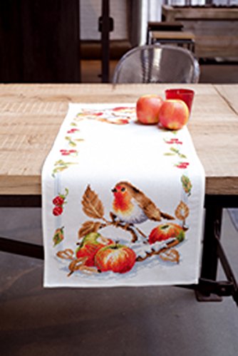 VERVACO Stickpackung Tischläufer Zählmusterpackung Kreuzstich Rotkehlchen mit Äpfeln Stickläufer zum Selbersticken Stickset Weihnachten Kreativ Set für Erwachsene 32 x 84 cm Kreatives Geschenk von Vervaco
