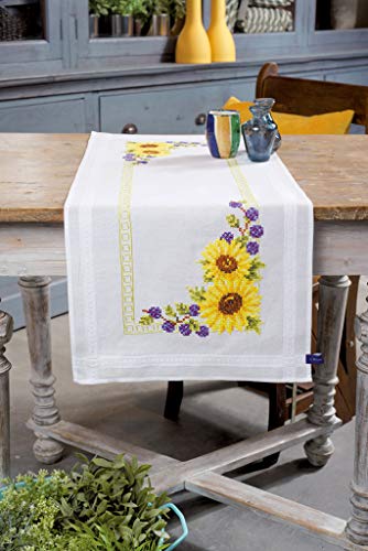 VERVACO Stickpackung Kreuzstich Set Vorgedruckt Tischläufer Sonnenblumen Stickdecken Vorgezeichnet DIY Basteln Erwachsene Kreativ Stickläufer zum Selbersticken 40 x 100 cm Stickset von Vervaco