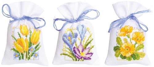 VERVACO Zählmusterpackung Stickset Säckchen Frühlingsblumen 3er DIY Gezählter Kreuzstich Stickpackungen Basteln Erwachsene Kreativ Set 8 x 12 cm Stickset für Anfänger Stoffbeutel zum Sticken von Vervaco