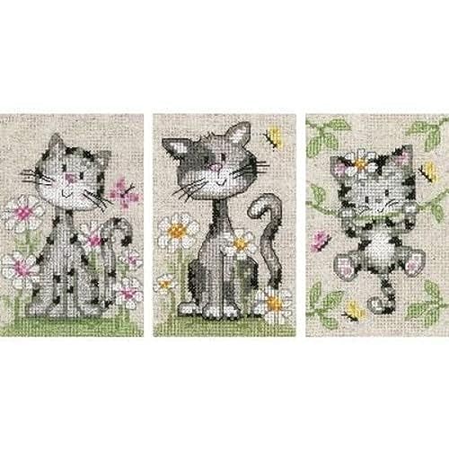 Vervaco Miniaturen Katzen mit Blumen, 3er Set Zählmusterpackung-Stickpackung im gezählten Kreuzstich, Baumwolle, Mehrfarbig, 8 x 12 x 0.3 cm, 3-Einheiten von Vervaco