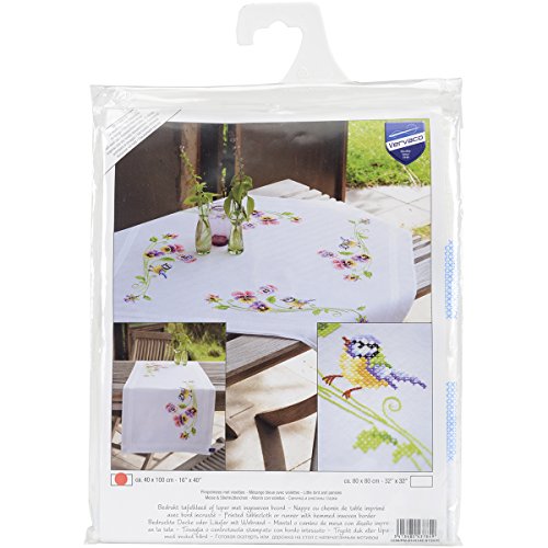 Vervaco Tischläufer Meise & Stiefmütterchen Bedruckte Decke/Läufer mit Webrand, Baumwolle, Mehrfarbig, 40 x 100 x 0,3 cm von Vervaco