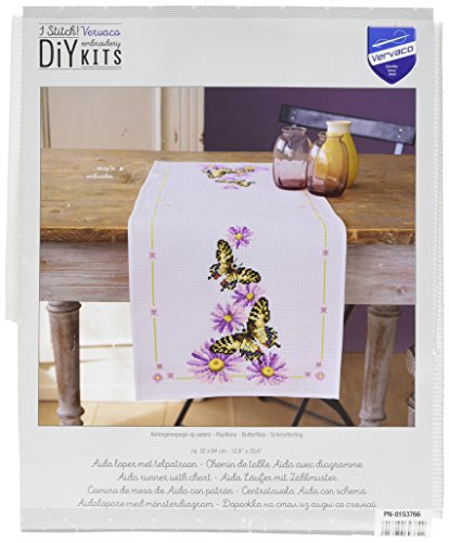 Vervaco Aida Läufer Schmetterling Kreuzstichpackung, Weiß, 32 x 84 x 0,3 cm von Vervaco