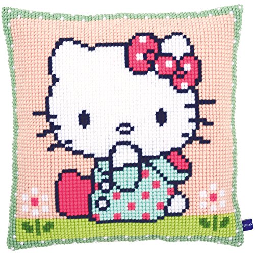 Vervaco Wiese Kreuzstichkissen/Stickkissen vorgedruckt, Baumwolle, Hello Kitty: On The Lawn, 40 x 40cm von Vervaco