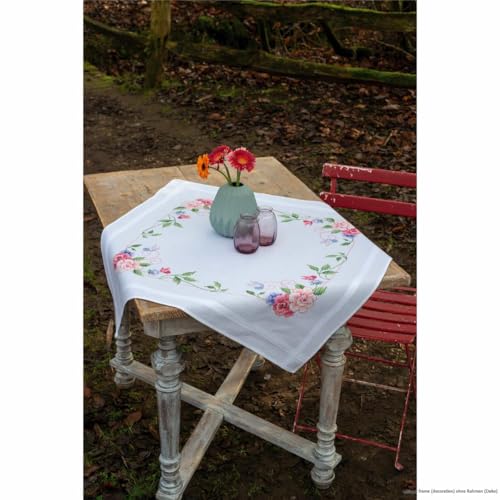 Vervaco Stickpackung Tischdecke Sticken Set Erwachsene Vorgedruckt Blumen & Schmetterlinge Stickdecken Vorgezeichnet Decke Sticken Stickpackung Plattstich 80 x 80 cm Kreatives Geschenk von Vervaco
