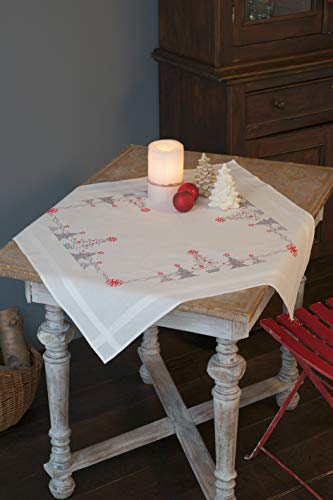 Vervaco PN-0166603 Weihnachtlich Rot/Grau Bedruckte Tischdecke Stickset, Baumwolle, mehrfarbig, ca. 80 x 80 cm / 32" x 32" von Vervaco