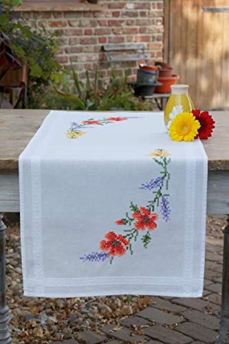 Vervaco PN-0166929 Blumen und Lavendel Bedruckter Tischläufer Stickset, Baumwolle, mehrfarbig, ca. 40 x 100 cm / 16" x 40" von Vervaco