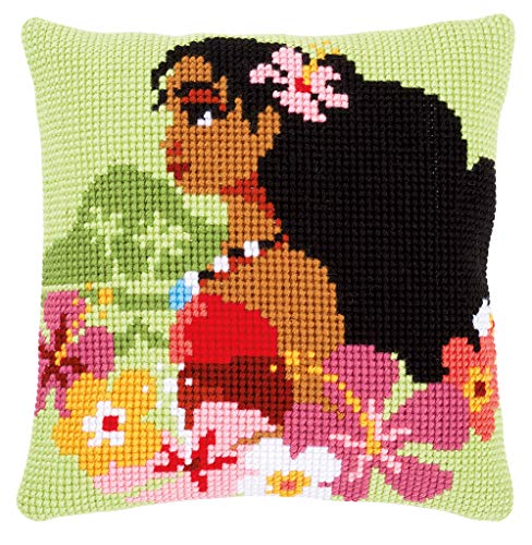 Vervaco WD Kreuzstichkissen Moana, Inselmädchen Kreuzstichpackung, Stramin, Weiß, 40 x 40 x 0,3 cm von Vervaco