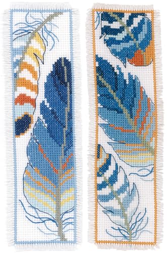 Vervaco Lesezeichen Kreuzstich Stickpackungen Gezählter Kreuzstich Set Blaue Federn 2er DIY Set Erwachsene Sticken Lesen Zubehör Geschenk Zählmusterpackung ca. 6 x 20 cm Stickset für Anfänger von Vervaco
