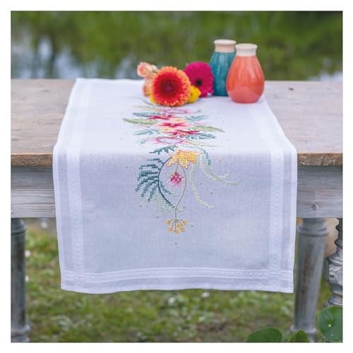 Vervaco PN-0199051 Tischläufer-Set mit tropischen Blumen, weiß, ca. 40 x 100 cm von Vervaco