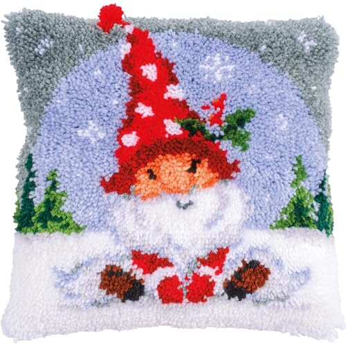 VERVACO Knüpfkissen Set Deko Kissenbezug Knüpfset für Anfänger WEIHNACHTSGNOM IM SCHNEE Basteln Erwachsene Kreativ DIY Handarbeit Kissen zum Selber Knüpfe 40 x 40 cm Latch Hook Kit Knüpfhaken Set von Vervaco