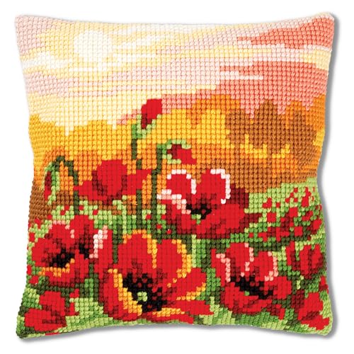 Vervaco Kreuzstich Stickpackungen Kissen Stickerei Set Anfänger Vorgedruckt Mohnblumen DIY Set Kreativ Set Für Erwachsene Dekoratives Kissen ca. 40 x 40 cm Bastelset Handwerker Haus Dekoration von Vervaco