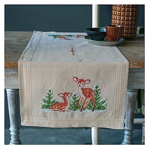 Vervaco Stickpackung Kreuzstich Set Vorgedruckt Tischläufer Hirsch Stickdecken Vorgezeichnet DIY Basteln Erwachsene Kreativ Stickläufer zum Selbersticken 40 x 100 cm Stickset von Vervaco