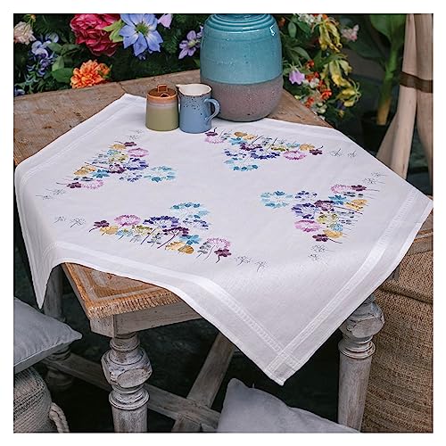 Vervaco Stickpackung Tischdecke Sticken Set Erwachsene Vorgedruckt Allium in Blau und Lila Stickdecken Vorgezeichnet Decke Sticken Plattstich 80 x 80 cm Stoff zum Sticken Kreatives Geschenk von Vervaco