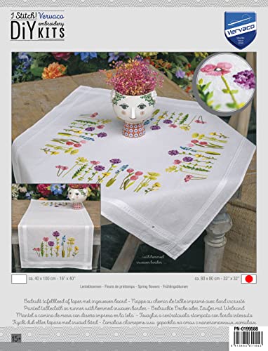 Vervaco Stickpackung Tischdecke Sticken Set Erwachsene Vorgedruckt Frühlingsblumen Stickdecken Vorgezeichnet Decke Sticken Stickpackung Plattstich 80 x 80 cm Stoff zum Sticken Kreatives Geschenk von Vervaco