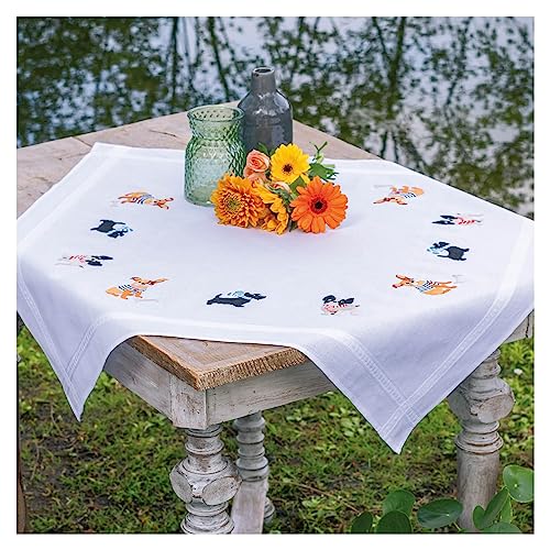 Vervaco Stickpackung Tischdecke Sticken Set Erwachsene Vorgedruckt Hündchen Stickdecken Vorgezeichnet Decke Sticken Stickpackung Plattstich 80 x 80 cm Stoff zum Sticken Kreatives Geschenk von Vervaco