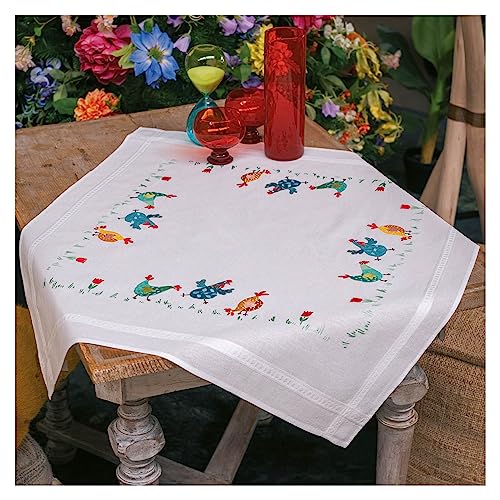 Vervaco Stickpackung Tischdecke Sticken Set Erwachsene Vorgedruckt bunte Hühner Stickdecken Vorgezeichnet Decke Sticken Stickpackung Plattstich 80 x 80 cm Stoff zum Sticken Kreatives Geschenk von Vervaco