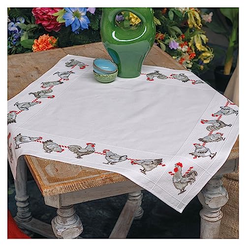 Vervaco Stickpackung Tischdecke Zählmusterpackung Kreuzstich Hühner Stickdecken zum Selbersticken Bastelset Handwerker Kreativ Set für Erwachsene 80 x 80 cm Kreatives Geschenk von Vervaco