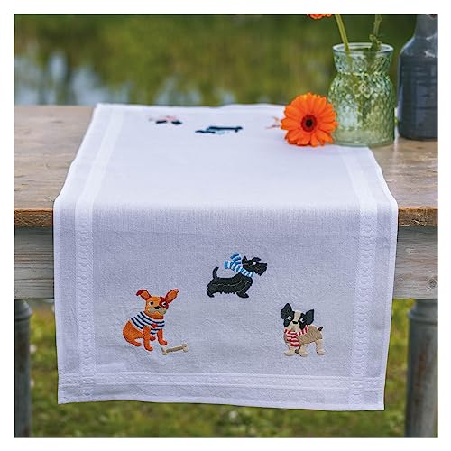 Vervaco Stickpackung Tischläufer Sticken Set Erwachsene Vorgedruckt Hündchen Stickläufer zum Selbersticken Vorgezeichnet Decke Sticken Stickpackung Plattstich 40 x 100 cm Kreatives Geschenk von Vervaco