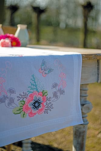 Vervaco Stickpackung Tischläufer Sticken Set Erwachsene Vorgedruckt Pastellblumen Stickläufer zum Selbersticken Vorgezeichnet Decke Sticken Stickpackung Plattstich 40 x 100 cm Kreatives Geschenk von Vervaco