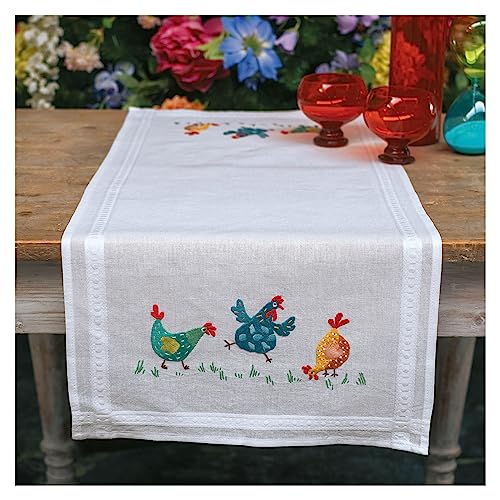 Vervaco Stickpackung Tischläufer Sticken Set Erwachsene Vorgedruckt bunte Hühner Stickläufer zum Selbersticken Vorgezeichnet Decke Sticken Stickpackung Plattstich 40 x 100 cm Kreatives Geschenk von Vervaco
