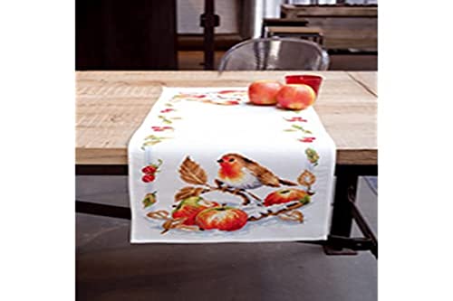 Vervaco Tischläufer Rotkehlchen mit Äpfeln AIDA LÄUFER MIT ZÄHLMUSTER, Baumwolle, Mehrfarbig, 32 x 84 x 0.3 cm von Vervaco