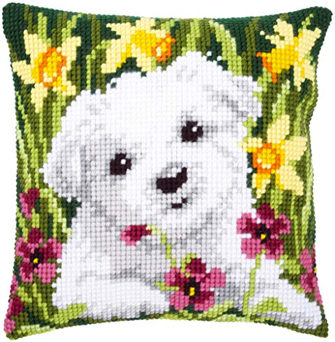 Vervaco Westie mit Osterglocken Kreuzstichkissen/Stickkissen vorgedruckt, Baumwolle, Mehrfarbig, 40 x 40 x 0.3 cm von Vervaco