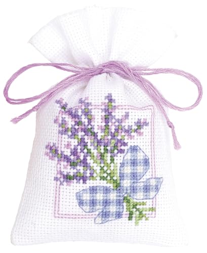 VERVACO Zählmusterpackung Stickset Säckchen Lavendel m. Schleife DIY Gezählter Kreuzstich Stickpackungen Basteln Erwachsene Kreativ Set ca. 8 x 12 cm Stickset für Anfänger Stoffbeutel zum Sticken von Vervaco
