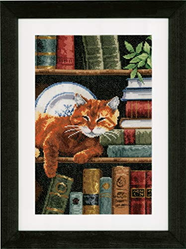 Vervaco Zählmusterpackung Katze im Bücherregal Aida Kreuzstichpackung, Weiß, 25 x 35 x 0,30 cm von Vervaco