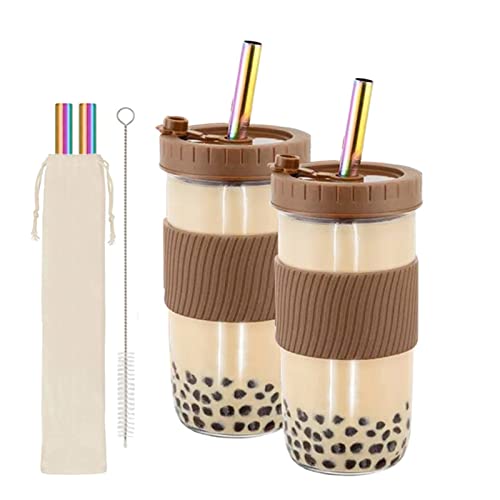 2er set 730 ml wiederverwendbare Boba Cup Bubble Tea Cup Set, Trinkflasche mit Silikon Deckel und Rostfreier Stahl Strohhalm, Mason Jar Einmachglas, Smoothie Gläser Cocktailglas Tasse von Verve Jelly