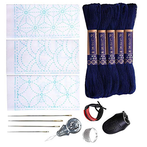 Daruma Verve Joy Sashiko Kit, Yokota Sashiko Garn, Nadeln und Vorlage Yume Fukin mit original englischen Handbuch, Fingerhut, Nähset, Stoff, Japanisches Textil (Marine-Faden/weißes Geschirrtuch 1) von Daruma