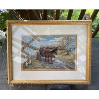 Petit Point Gerahmt Nadelpunkt Pferd Und Buggy Alte Zeit Szene von VeryVendibleVintage