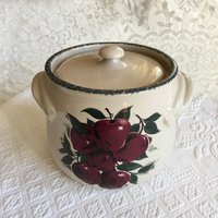 Vintage Hülle Töpferei Keksdose. Hergestellt in Marshall, Texas. Drei Apfel Und Blatt Designs Mit Grünem Spatterware Top Rand. Steinzeugdose von VeryVictorianStudio