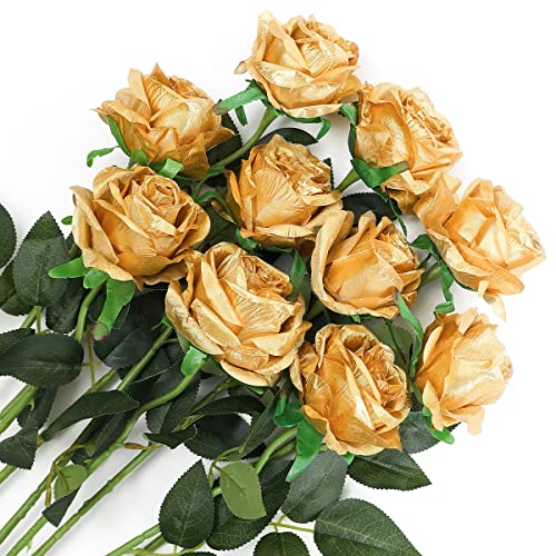 Veryhome 10 Stücke Künstliche Rosen Silk Blumen Gefälschte Flowers Braut Hochzeit Bouquet Für Hausgarten Geburtstag Party Home Wedding Dekor (Golden) von Veryhome