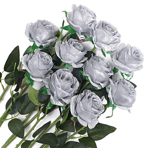 Veryhome 10 Stücke Künstliche Rosen Silk Blumen Gefälschte Flowers Braut Hochzeit Bouquet Für Hausgarten Geburtstag Party Home Wedding Dekor (Silber) von Veryhome