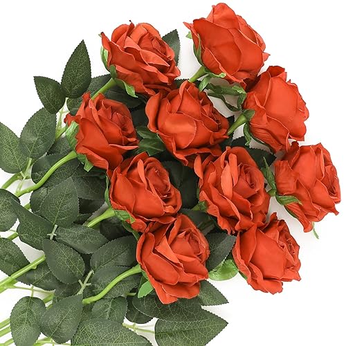 Veryhome 10 Stücke Künstliche Silk Rosen für die Vase, Gefälschte Rose Blumen für Hochzeit Home Birthday Party Garten Grab Dekorationen (Orange gebrannt) von Veryhome