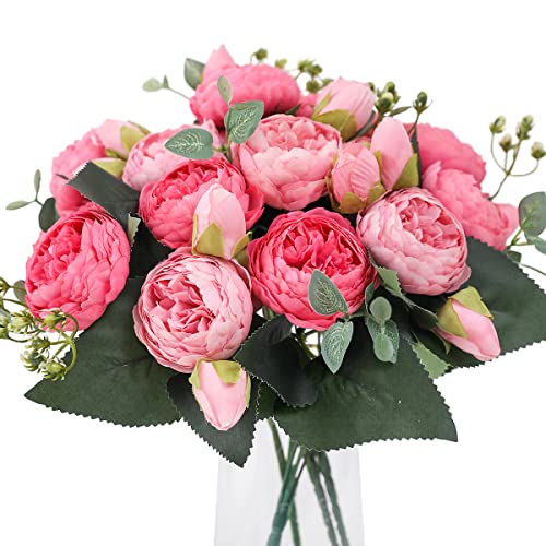 Veryhome 4 Bündel Künstliche Blumen Pfingstrose Seide Pfingstrosen Sträuße Gefälschte Blumen Blumensträuße Hochzeitsdekoration Home Tisch Küche Büro Garten Brautgrün (Tiefrosa) von Veryhome