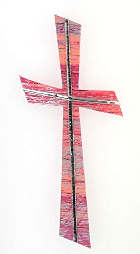 Wachsmotiv Kreuz rosa silber, multicolor mit silberfarbigen Wachsstreifen 11 x 5 cm - Wachsornament Kreuz, Wachsdekore für Kerzen - 9687 - zum Kerzen gestalten und basteln. von Verziermaterial