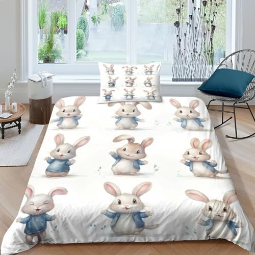 3D Cartoon-Häschen Bettbezug Set Niedliche Tiere Bettwäsche Set Und Kissenbezug 2 Teilig Weiche Mikrofaser Mit Reißverschluss Und Kissenbezug Für Jugendliche Kinder Schlafzimmer Single（135x200cm） von VesFy
